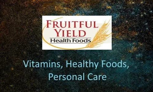 Fruitful Yield Health Foods logo with a wheat graphic and text about vitamins, healthy foods, and personal care.