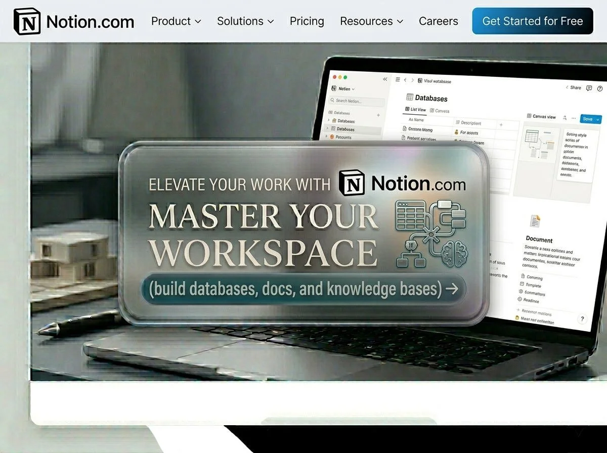 A promotional webpage for Notion.com displaying a laptop and a tablet, with a message to elevate your work and master your workspace by building databases, documents, and knowledge bases.