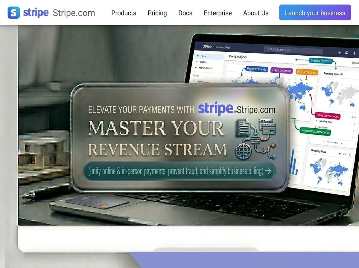 A laptop on a desk displaying business analytics with a promotional overlay for Stripe, emphasizing payment management and revenue stream growth through online and in-person payments.