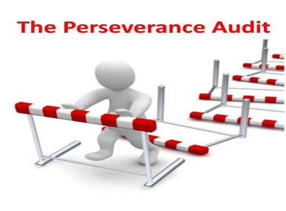 A 3D figure climbing over a series of hurdles labeled 'The Perseverance Audit' with multiple hurdles behind it.