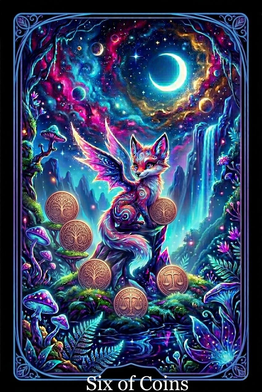 A vibrant, fantasy-themed tarot card titled 'Six of Coins' depicting a glowing, winged fox sitting on a rock in a magical, colorful forest with mushrooms, lush foliage, a cascading waterfall, celestial planets, a crescent moon, and a starry sky.