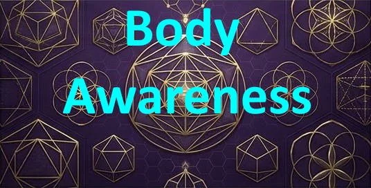 Text that reads 'Body Awareness' against a dark geometric pattern background with gold geometric shapes.