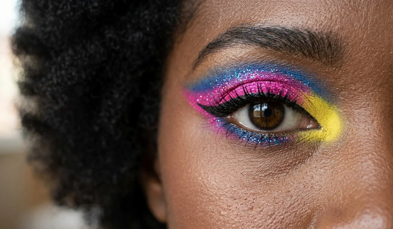 Close-up of a woman's eye with colorful pink, blue, and yellow eyeshadow and glitter, with curled eyelashes and natural textured skin.
