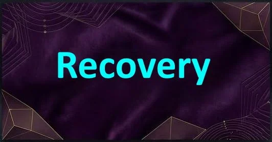 The word 'Recovery' in large blue text on a dark purple background with geometric lines and shapes.
