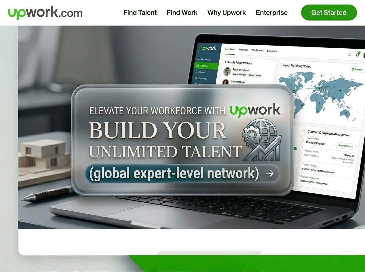 Screenshot of Upwork website showcasing their workforce management platform with a focus on building an unlimited talent global network.
