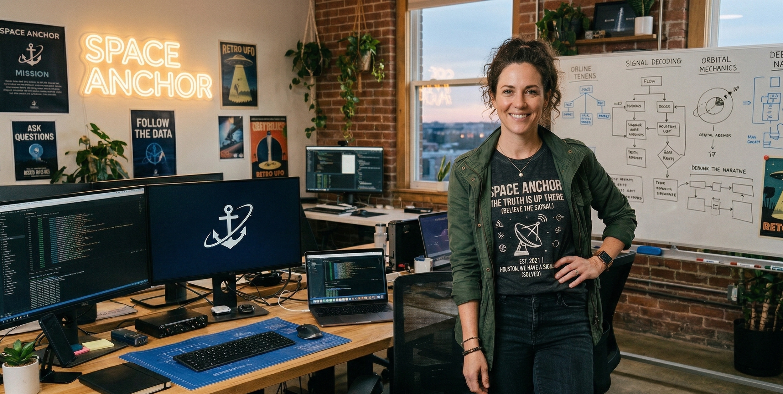 A woman standing in an office surrounded by multiple computer monitors, whiteboards, and space-themed posters on the wall.