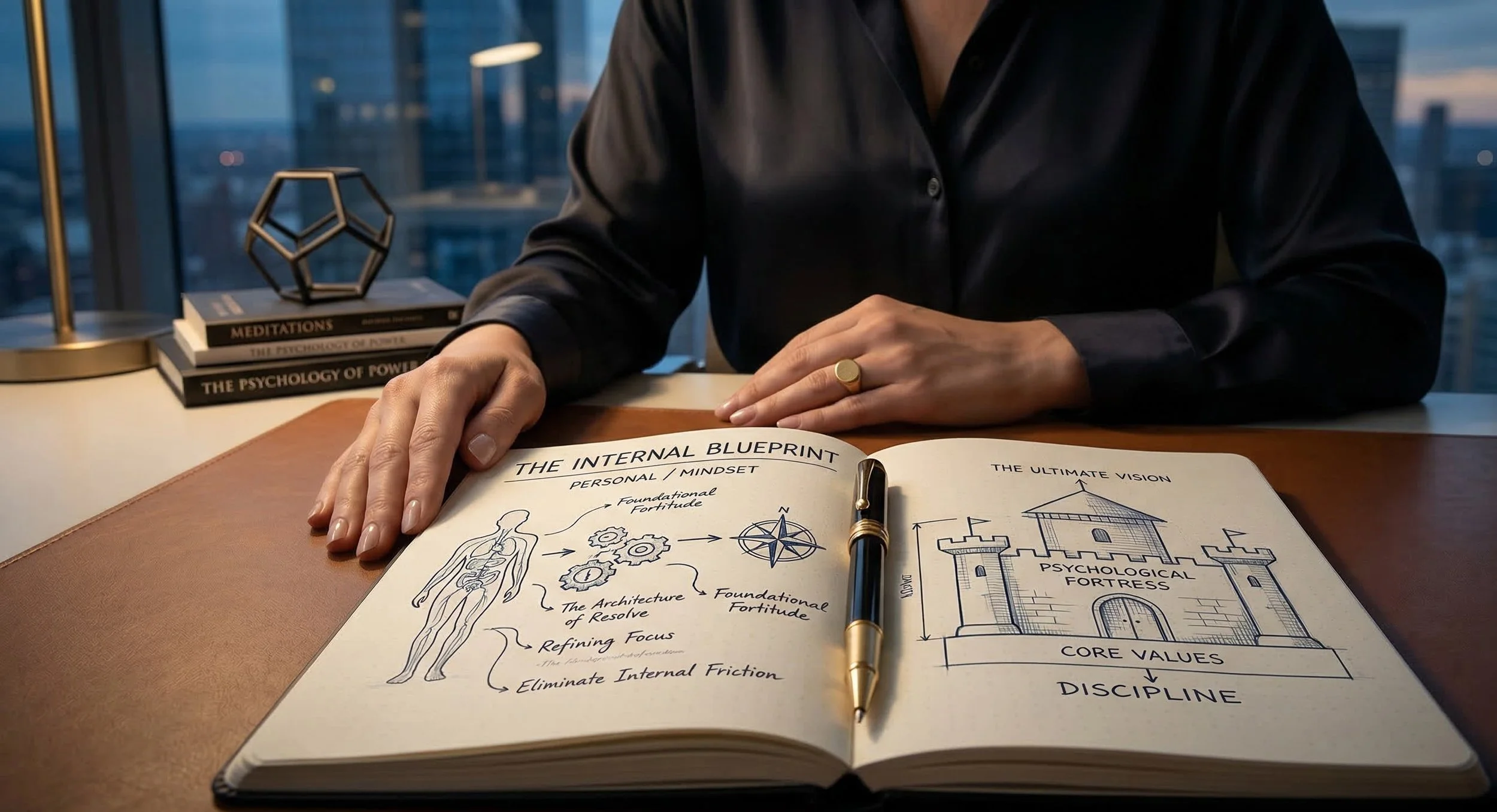 A person is sitting at a desk with an open notebook displaying diagrams and notes about internal blueprint, personal mindset, and core values. The person is wearing a dark shirt, with only the upper body visible, and has a ring on their finger. In the background, a window with a cityscape is visible, along with a small stack of books and decorative object on the desk.
