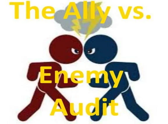 Illustration of two figures, one red and one blue, facing each other with angry expressions and clenched fists. A lightning bolt and storm cloud are above them. Text reads 'The Ally vs. Enemy Audit' in yellow.