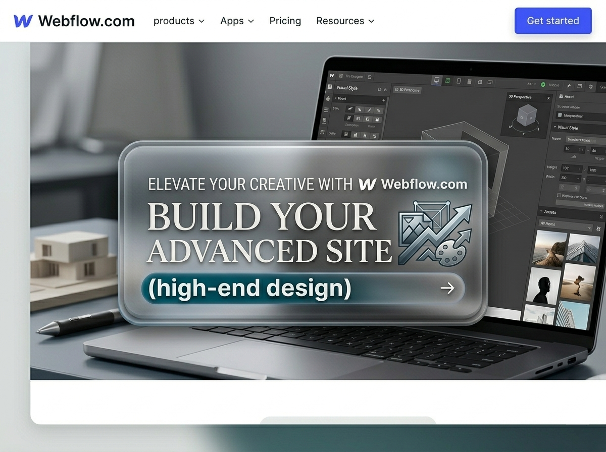 Webflow website homepage featuring a promotional banner for building a high-end, advanced website with a laptop displaying a design interface, a pen, and a miniature architectural model on a desk.