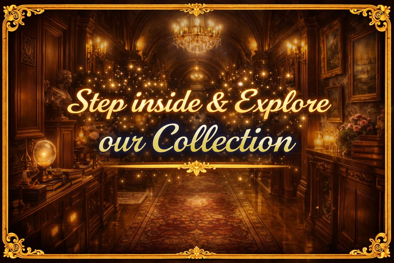 Elegant, vintage-style room with dim lighting, chandeliers, and ornate wooden furniture. The image has gold decorative borders and includes the text 'Step inside & Explore our Collection' overlaid in elegant script.
