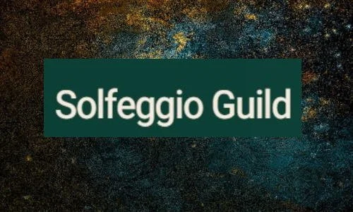 A sign with the words "Solfeggio Guild" against a dark, textured background.