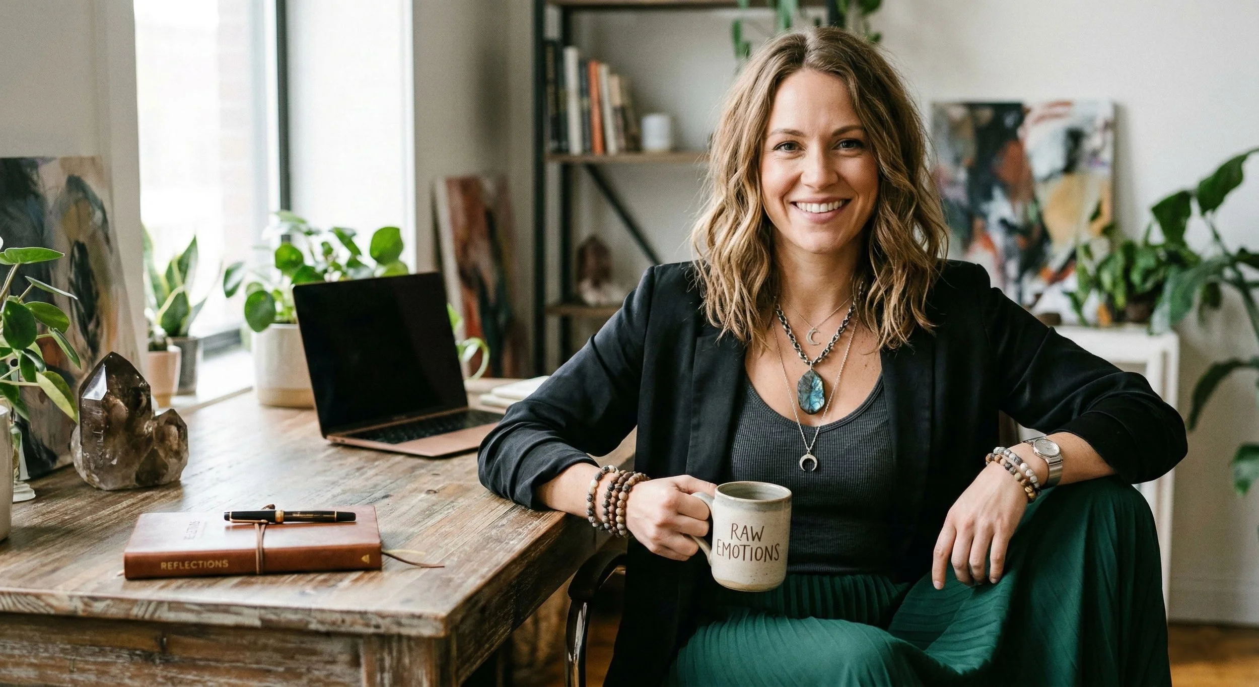 A woman sitting at a wooden desk in a cozy, plant-filled home office, smiling and holding a mug that says 'RAW EMOTIONS', with a laptop and notebooks on the desk.