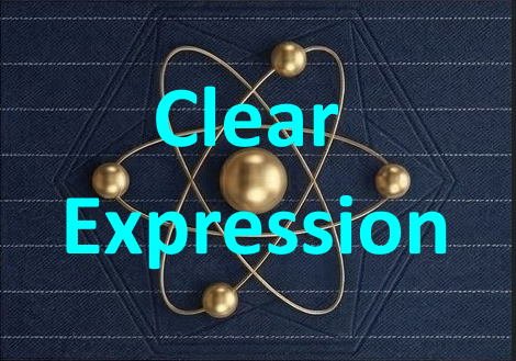 Decorative metallic atom model with text 'Clear Expression' in blue over a dark background.