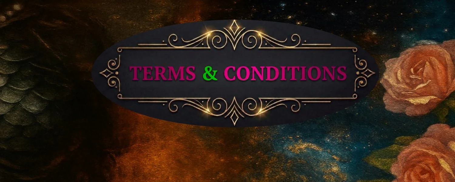 Illustration with roses and pinecone background displaying 'Terms & Conditions' with ornate designs.