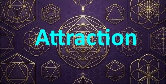 The word 'Attraction' written in bold blue text over a dark purple background with various geometric and sacred symbol patterns in gold.