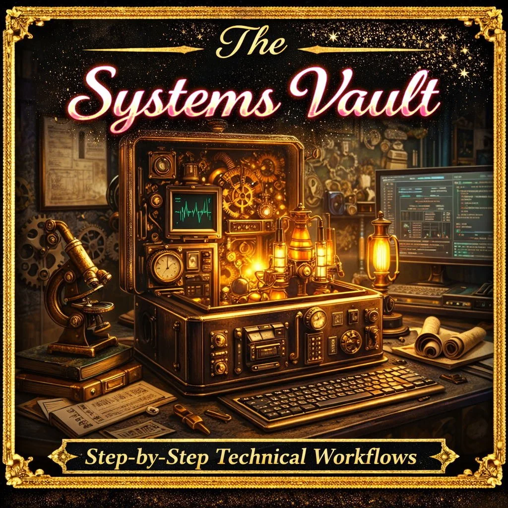A steampunk-style laboratory with vintage scientific equipment, a computer screen displaying code, newspapers, and scrolls, illuminated by warm, glowing lights. The title reads 'The Systems Vault' with a subtitle 'Step-by-Step Technical Workflows'.