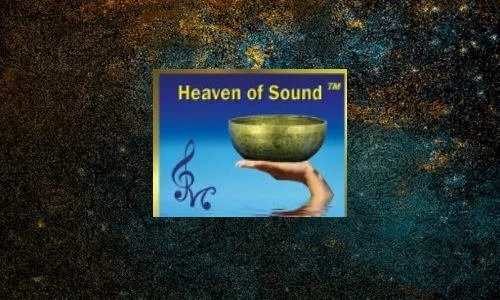 Logo for Heaven of Sound featuring a hand holding a singing bowl with a treble clef symbol