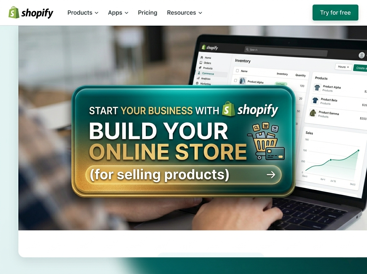 Shopify website homepage promoting building an online store to sell products, with a laptop displaying inventory charts in the background.