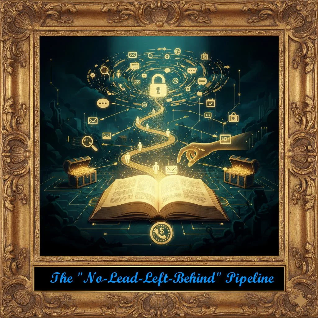 An ornate golden frame surrounds a digital illustration of a glowing open book with a winding path leading to a large padlock symbol, representing a secure digital pipeline. Various icons such as emails, messages, and locks float above, illustrating communication and data flow, with a small treasure chest emitting glowing particles. The text at the bottom reads, "The 'No-Lead-Left-Behind' Pipeline" in blue font.