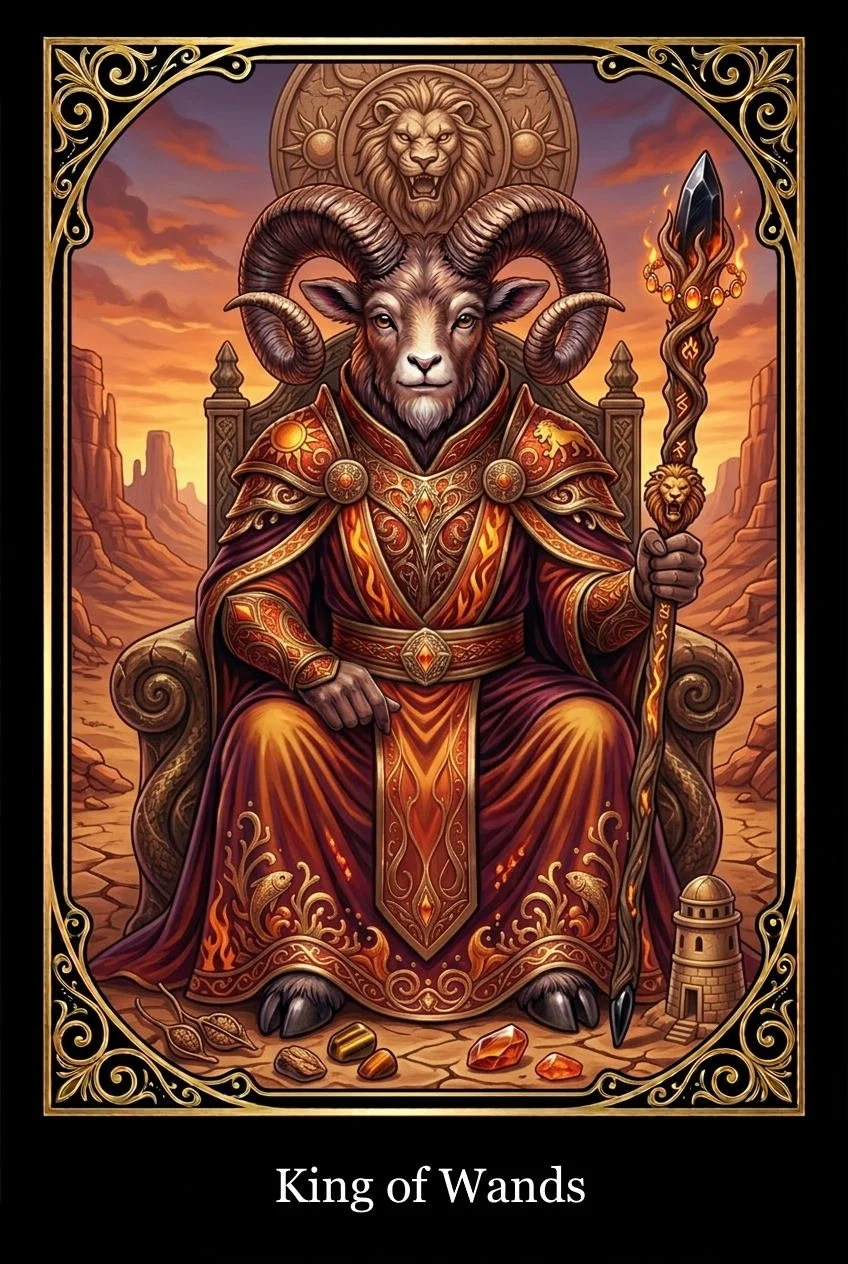An illustrated card titled "King of Wands" depicts a humanoid goat figure dressed in ornate robes with gold and red patterns, sitting on a throne in a desert landscape with rock formations. The goat has large, curved horns, a calm expression, and holds a scepter topped with a lion's head and a black crystal in its right hand. Behind the goat, a circular emblem with a lion's face is visible. The ground in front of the throne shows various gemstones and coins, and a small tower model is nearby. The card is framed with gold decorative corners.
