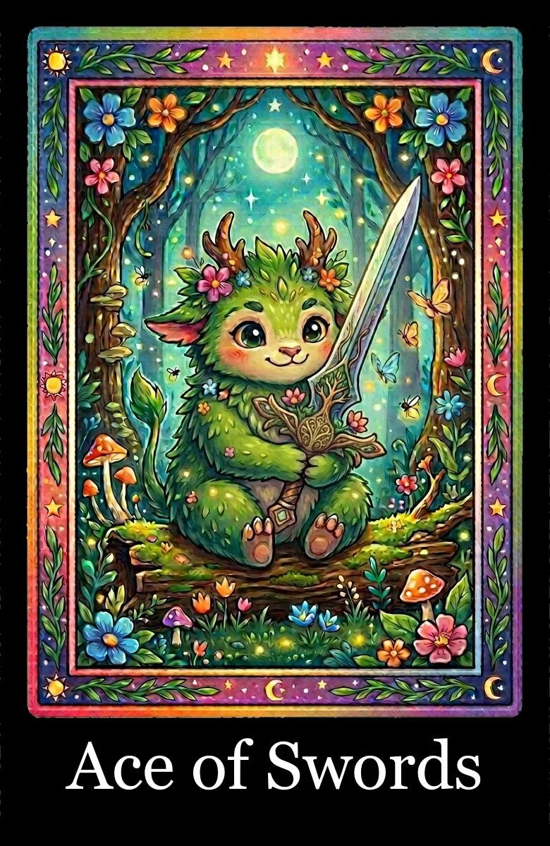 A colorful, whimsical illustration of a small, cute creature resembling a deer and a dragon, sitting on a log in a magical forest. The creature has antlers, big shiny eyes, and is holding a sword with intricate designs. Surrounding it are glowing fireflies, butterflies, mushrooms, and vibrant flowers under a moonlit sky with stars. The border is decorated with leaves, stars, and moons, and the text "Ace of Swords" is at the bottom.