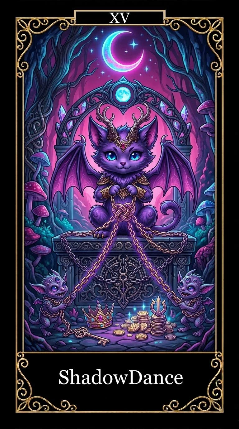 A mystical, fantasy-themed card featuring a purple bat-like creature with blue eyes, wearing golden armor and a crown, sitting in a enchanted forest with glowing mushrooms and twisted trees. The creature is chained to a decorated chest with coins, a crown, and a key in front. Two small goblin-like creatures hold the chains. The sky above shows a crescent moon and stars, with a full moon visible through an arch. The card is labeled 'XV' at the top and 'ShadowDance' at the bottom.