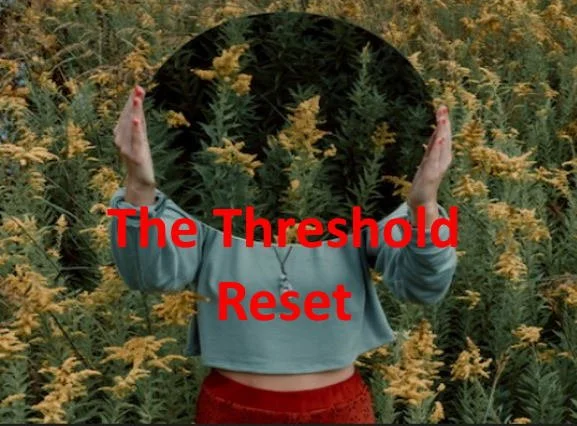 A person with their head replaced by a black circle, standing among yellow flowers in a field, with red text that says 'The Threshold Reset'.