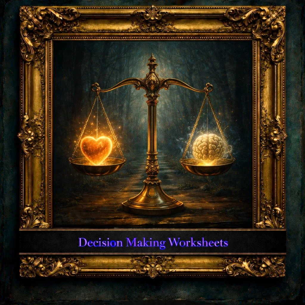An ornate gold-framed painting of a balance scale with two pans, one holding a glowing heart and the other a glowing brain, on a dark forest background. Text at the bottom reads "Decision Making Worksheets" in purple.