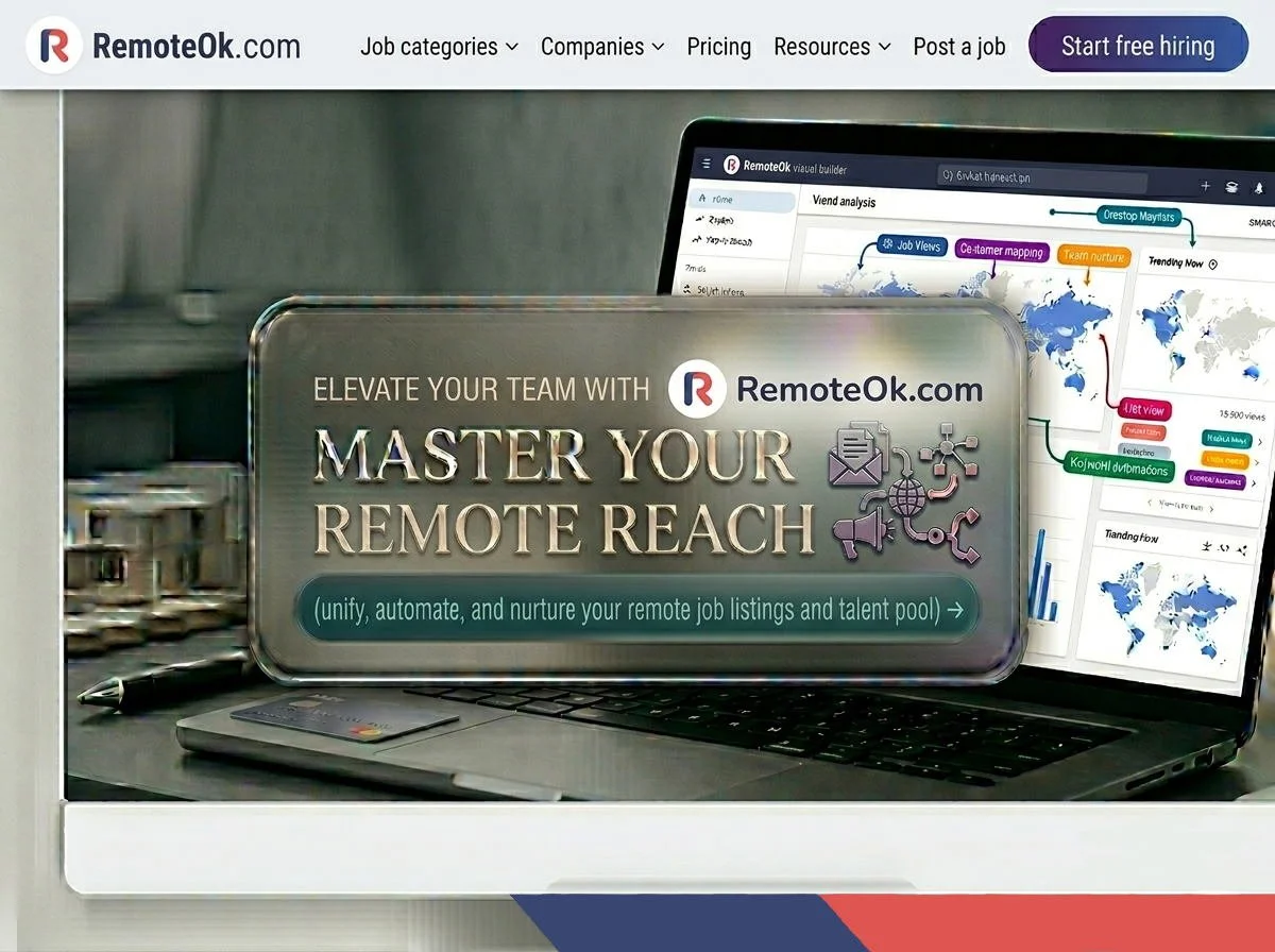 Screenshot of RemoteOk.com website featuring a digital advertisement with the message: "Elevate your team with Master your remote reach," and a laptop displaying maps and graphs related to remote work analysis.