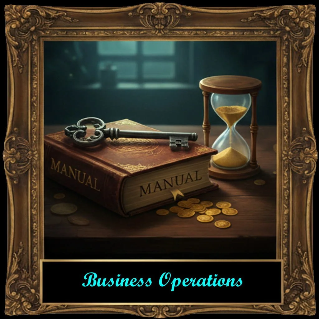 An antique gold-framed picture frame contains a scene with a large old manual book, a vintage key placed on top of the book, coins scattered on a dark wooden surface, a small glass hourglass with yellow sand, and a dimly lit background. The words "Business Operations" are written in blue cursive font at the bottom of the frame.