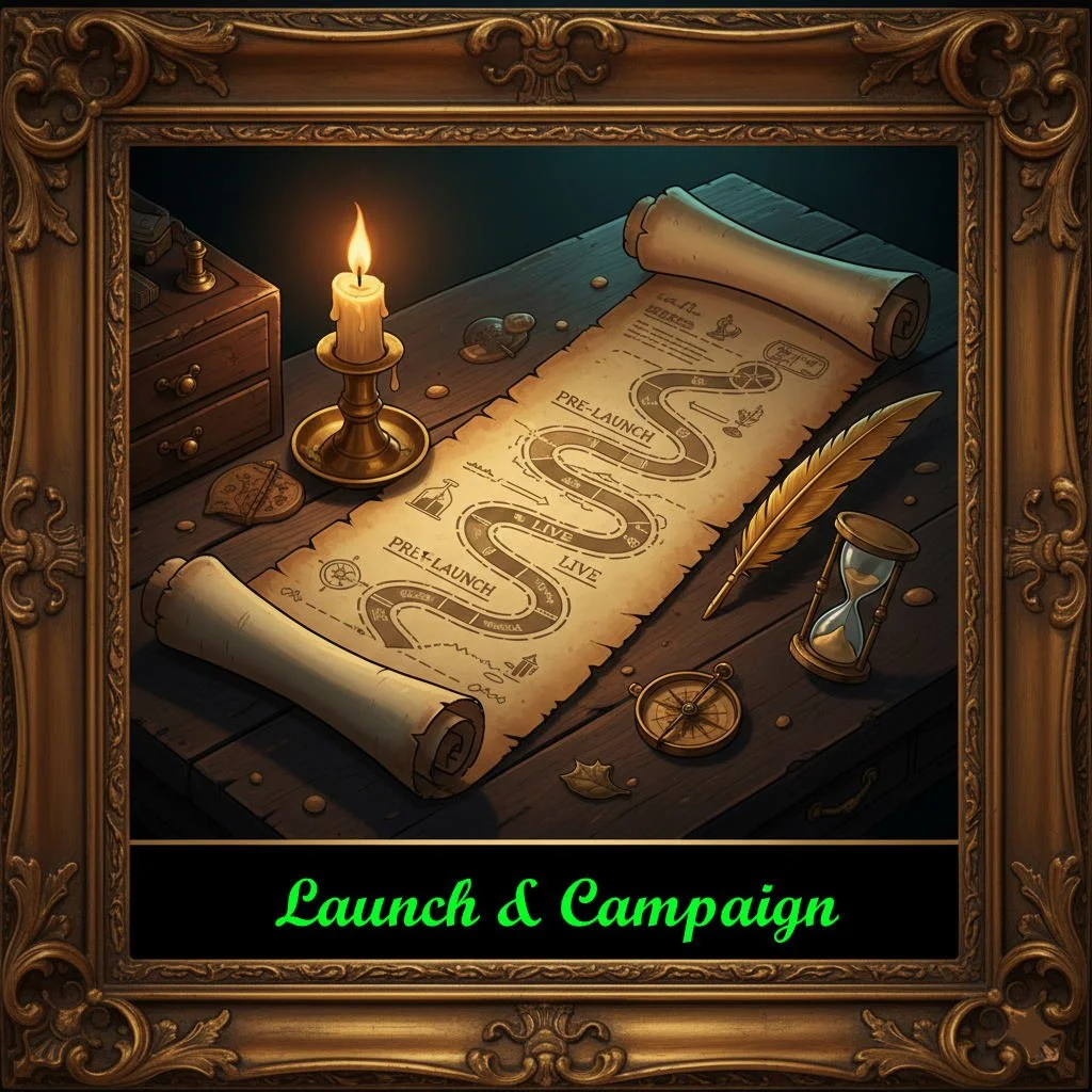 A vintage-style map titled 'Launch & Campaign' with a winding path through different stages, including 'Pre-Launch' and 'Live'. The map is on a wooden table surrounded by a lit candle, a feather quill, an hourglass, a small compass, and scattered coins. The scene is framed with an ornate gold border.