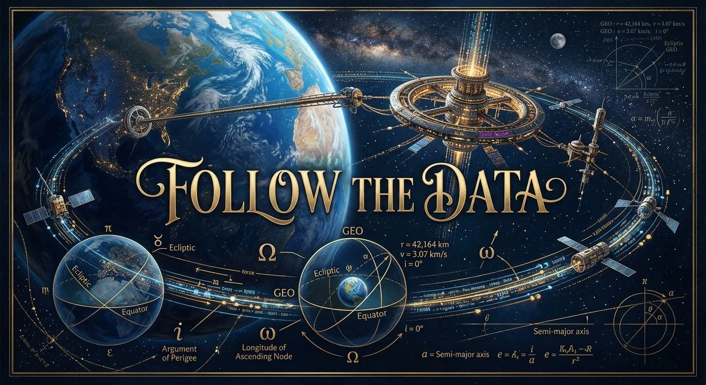 A digital illustration of the Earth from space with satellite orbits and scientific diagrams, with the phrase 'Follow the Data' in the center.