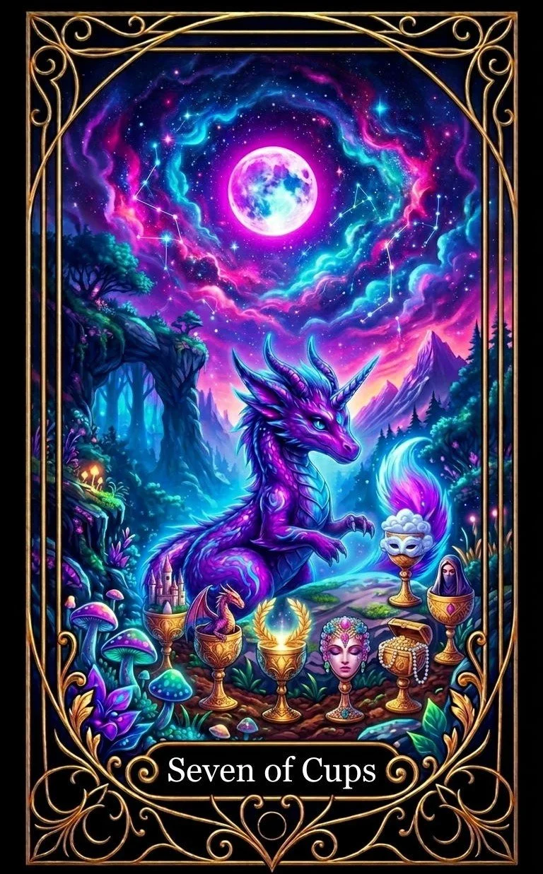A colorful, magical tarot card titled "Seven of Cups." It features a vibrant, mystical scene with a purple dragon, glowing candles with various symbols, a fantasy landscape, and a sparkling night sky with a large full moon and constellations.