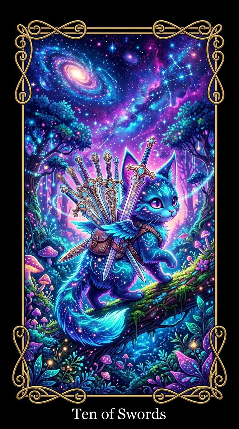 A fantasy illustration featuring a glowing, armored cat with ten swords on its back, set in a vibrant, starry galaxy background with constellations, swirling clouds, and lush colorful forest elements framing the scene.