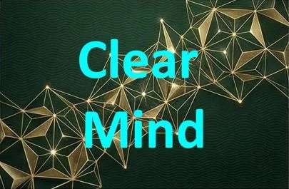Text saying 'Clear Mind' in teal on a dark green background with geometric lines and shapes.