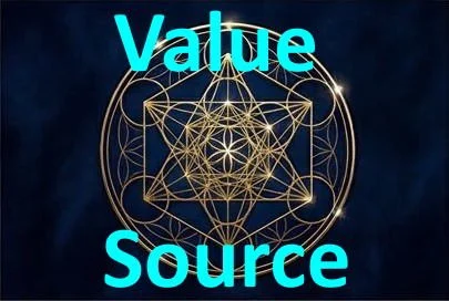 A geometric design with interconnected circles and lines, overlaid with the words "Value" and "Source" in bright blue text.