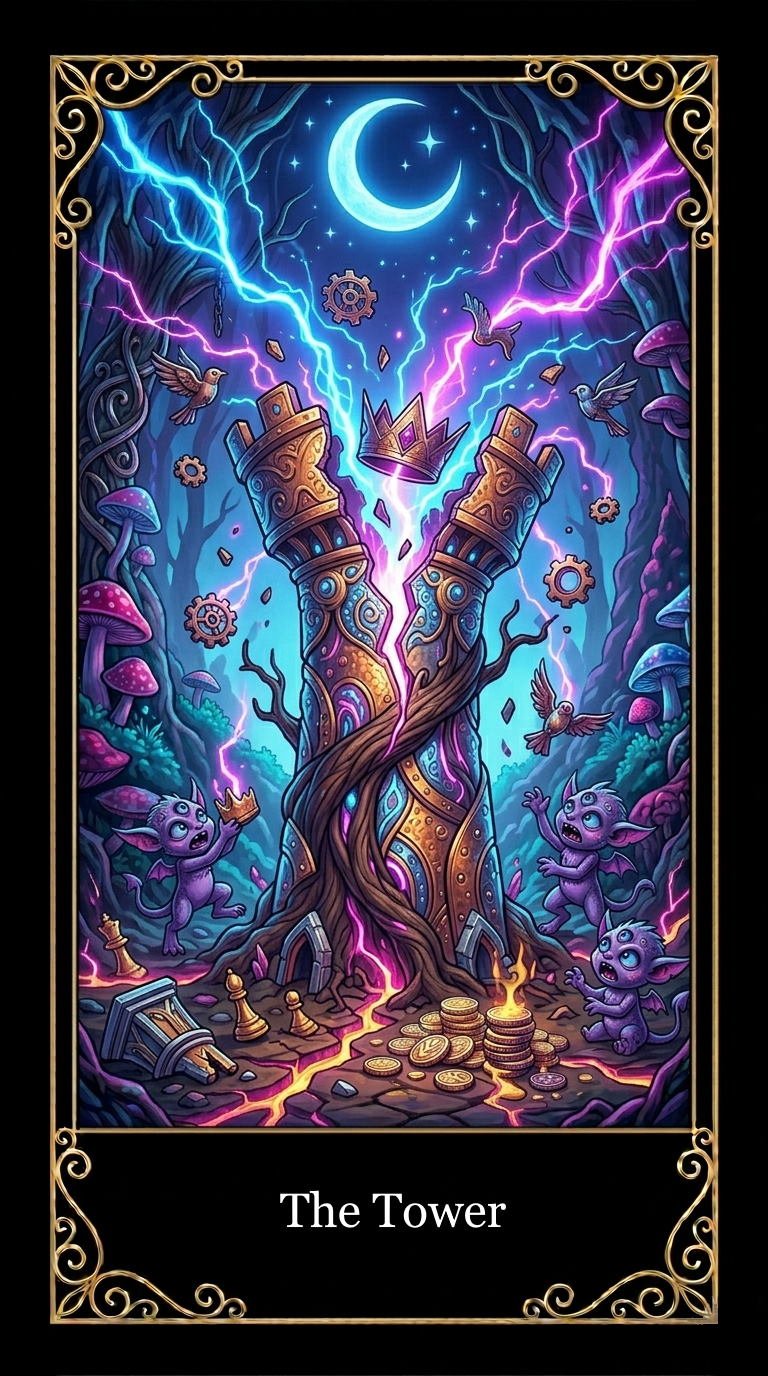 A fantasy illustration titled "The Tower" depicts an enchanted, cracked tower surrounded by glowing mushrooms and tiny creatures, with lightning striking behind the tower under a crescent moon in a dark forest, with floating gear symbols and coins scattered on the ground.