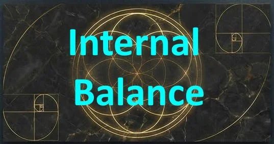 Text saying 'Internal Balance' over a black background with golden geometric Fibonacci spiral and Golden Ratio designs.