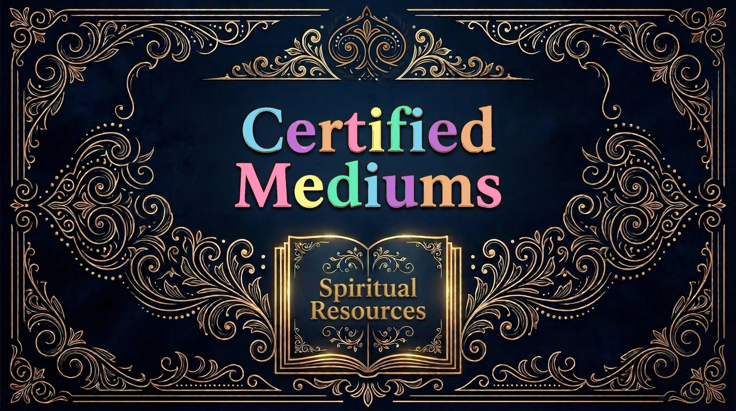 Decorative dark background with gold ornate borders, colorful text reading 'Certified Mediums', and a gold-embellished open book with the words 'Spiritual Resources' on its pages.