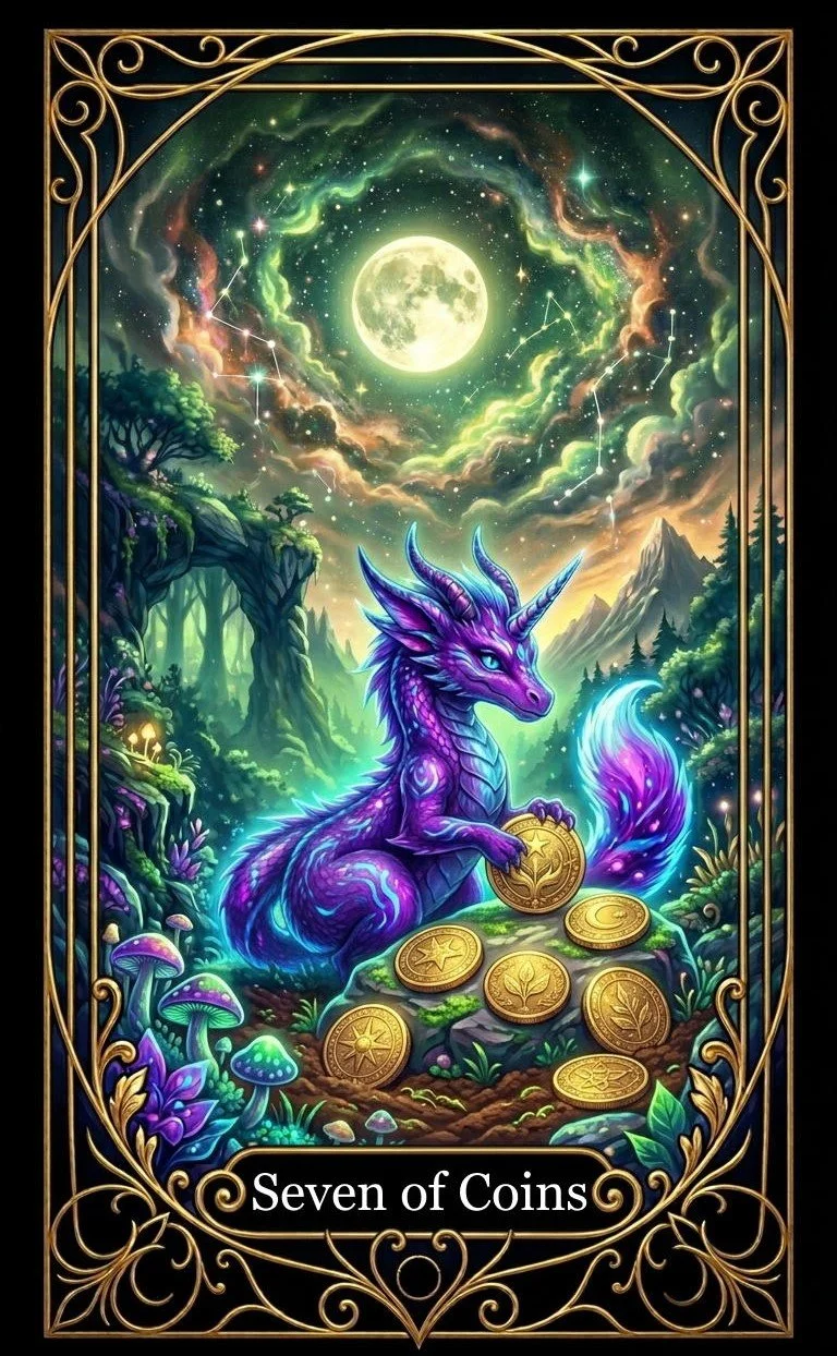 Fantasy illustration of a purple unicorn with a glowing tail, sitting on rocks with seven gold coins. The background shows a lush forest, a bright full moon, stars, and colorful swirling clouds in the night sky, framed with ornate gold borders.