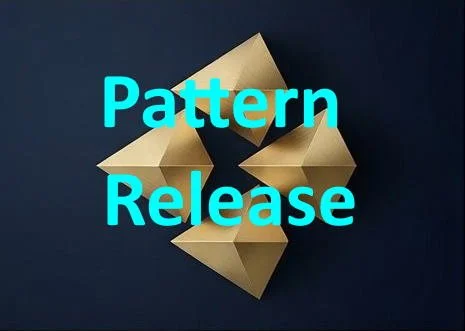 Four gold paper origami boats arranged in a semi-circle with blue text saying 'Pattern Release' over a dark background.