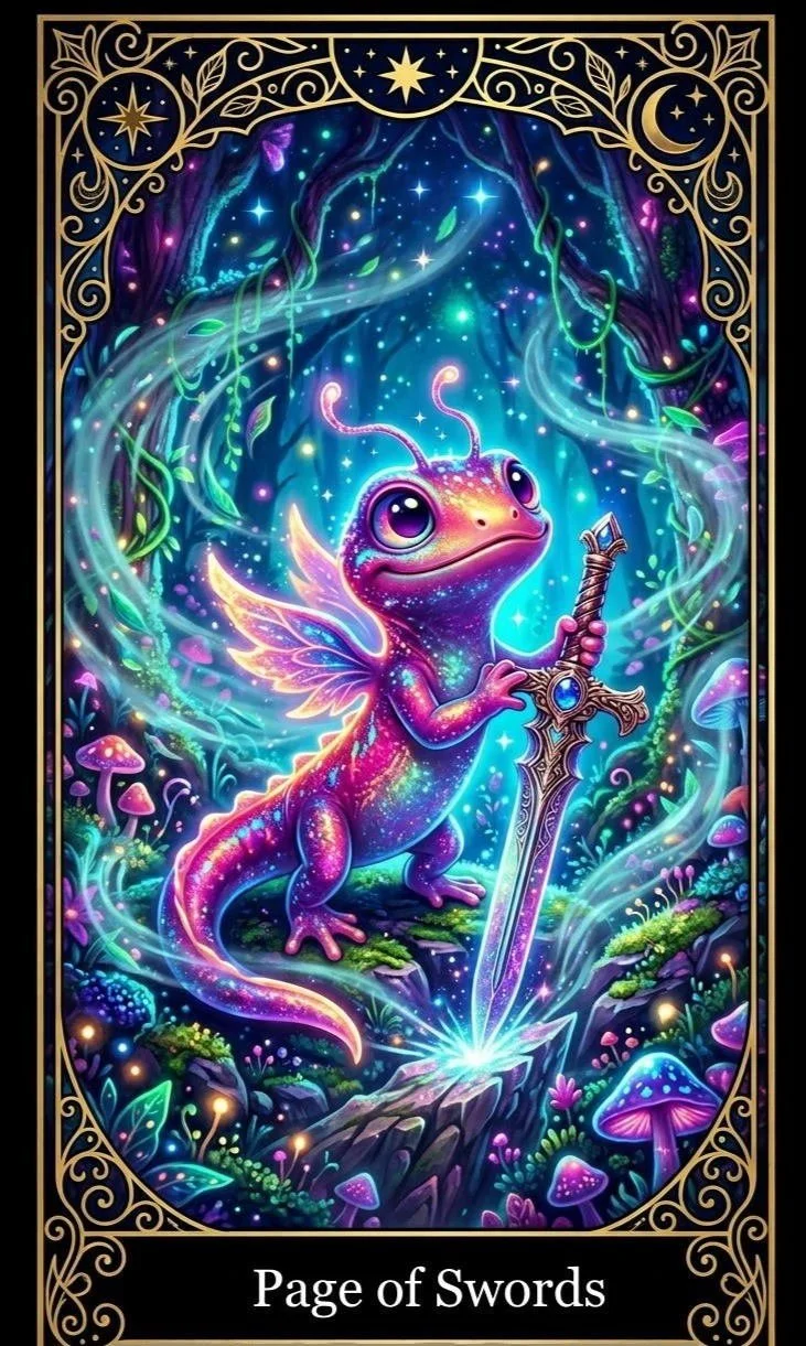 A colorful, fantasy-style illustration of a dragon with fairy wings holding a sword, in a magical forest with glowing mushrooms and plants, under a starry night sky with moon and stars.