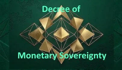 A geometric mural with gold cubes and wireframe shapes on a dark green background, with the words 'Decree of Monetary Sovereignty' in green text.