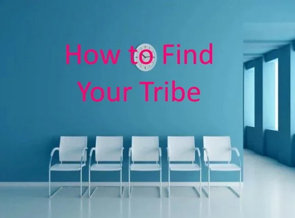 A waiting room with five white chairs against a blue wall, pink text reading 'How to Find Your Tribe,' a clock, and a window with sunlight.