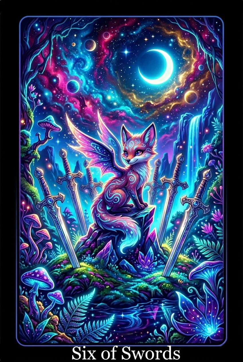 A mystical fox with glowing patterns and butterfly wings sitting on a rock surrounded by six swords in a fantastical, glowing forest under a colorful cosmic sky with a crescent moon and planets.