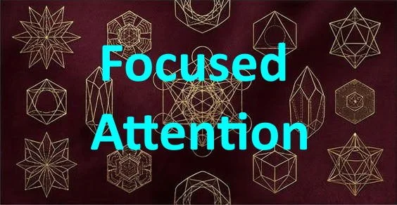 Multiple geometric star and crystal illustrations with the words "Focused Attention" written in blue in the center.