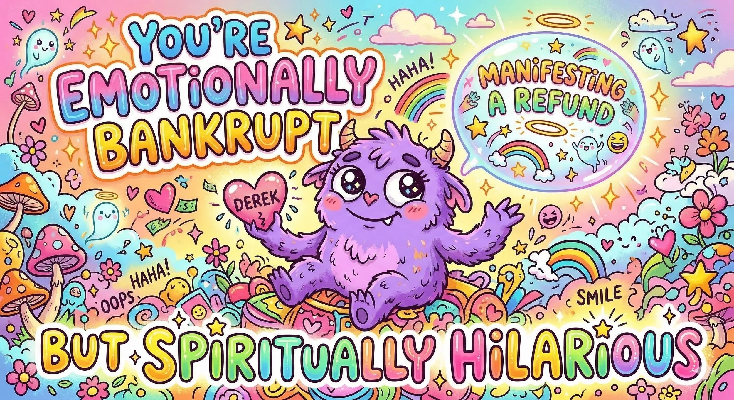 Colorful illustration with a cute purple monster holding a broken heart labeled "Derek". The background is filled with rainbows, stars, clouds, mushrooms, and happy cartoon characters. Text reads "You're emotionally bankrupt but spiritually hilarious" and "Manifesting a refund". The scene is cheerful and whimsical with bright colors and playful doodles.