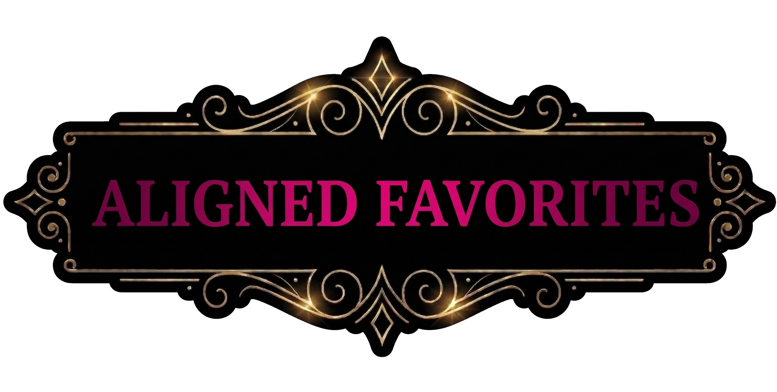 A black ornate sign with gold accents displaying the text "Aligned Favorites" in purple.