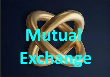 Gold-colored Möbius strip with blue text overlay reading 'Mutual Exchange'.