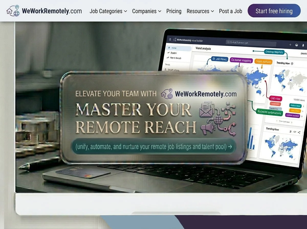 A promotional banner for WeWorkRemotely.com displaying a laptop with remote work analytics on its screen. The banner highlights mastering remote team management, including icons of a megaphone, globe, and network, with a call to action to unify, automate, and nurture remote job listings and talent pool.